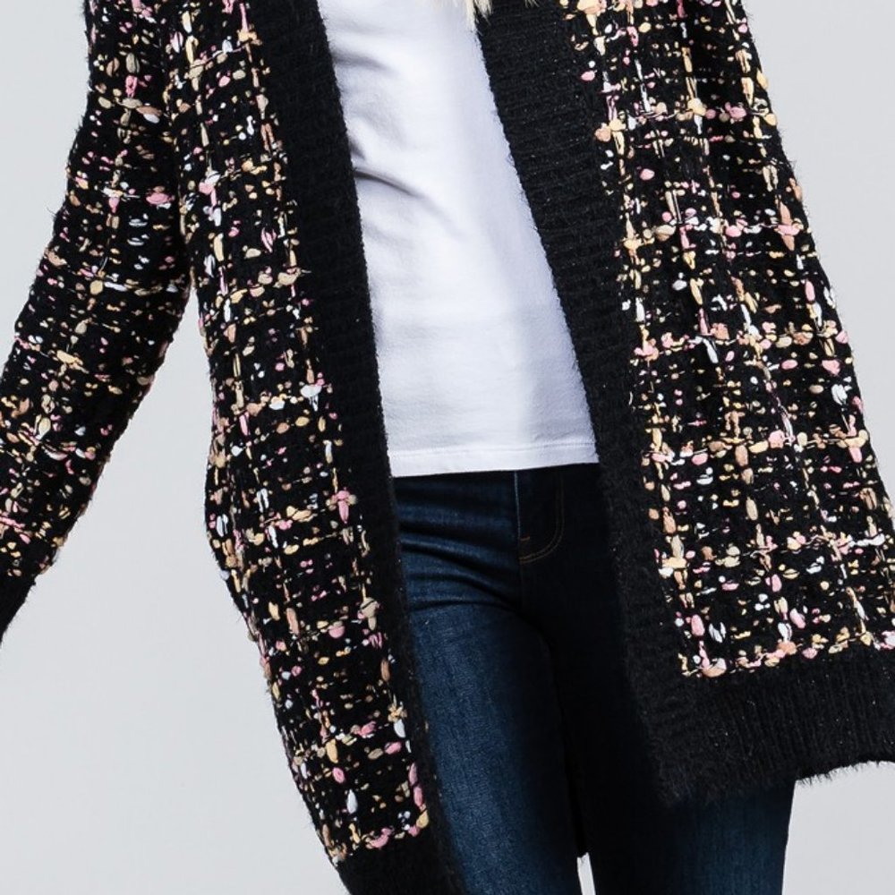 Black Confetti Tweed Knit Open Front Long Cardigan - Picture 9 of 12